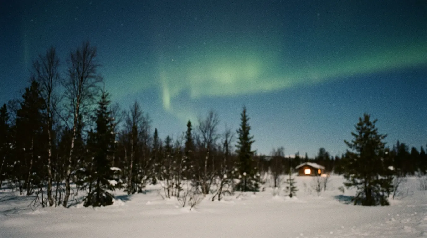 Aurore boréale au-dessus d'une forêt enneigée de Laponie, image d'ambiance provisoire