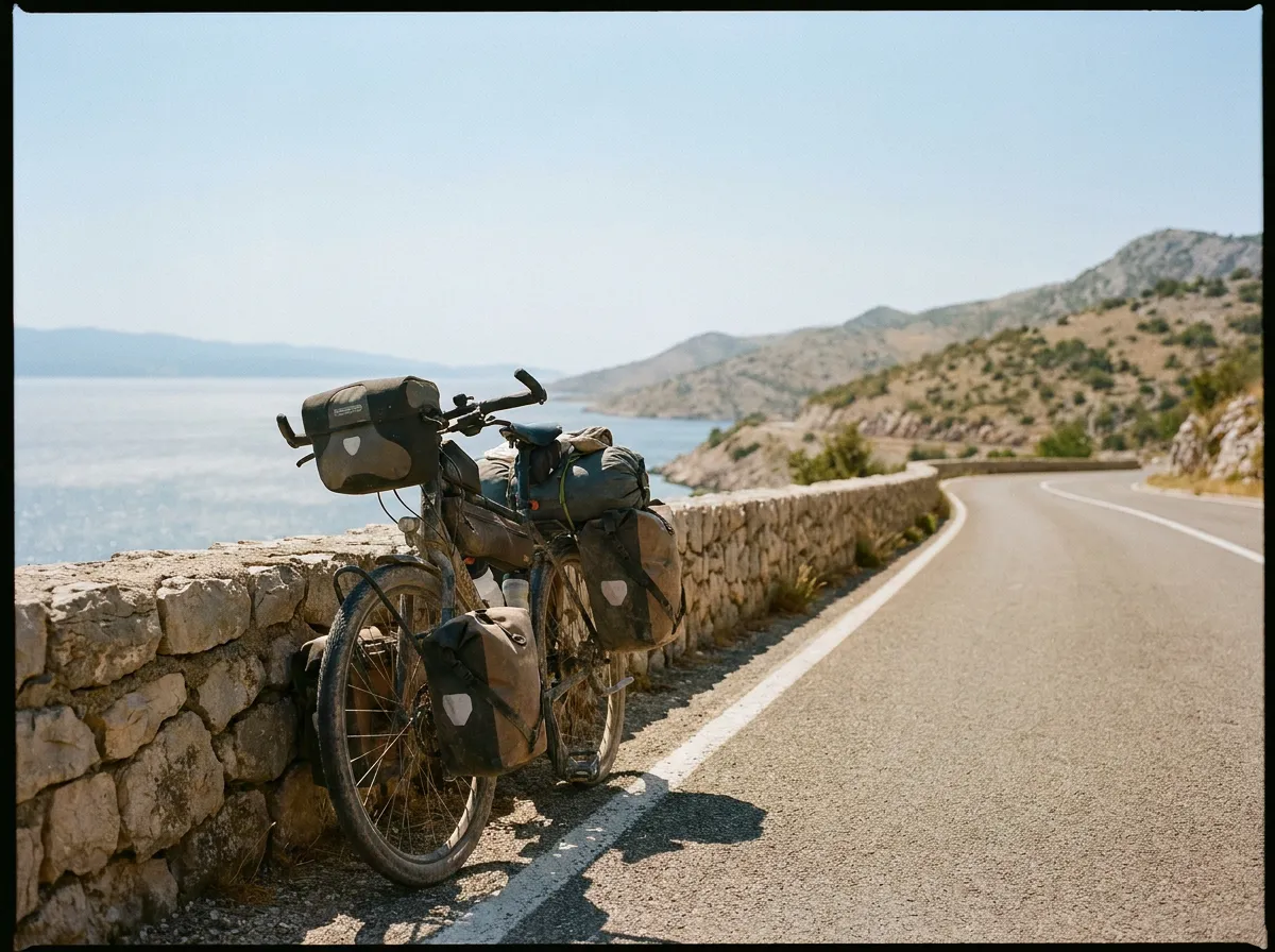 Vélo de voyage devant une mer turquoise et des collines karstiques, illustration