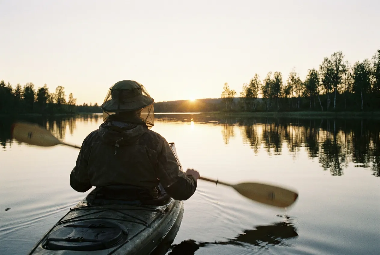 Kayak sur un lac calme de Laponie sous le soleil de minuit, illustration topographique